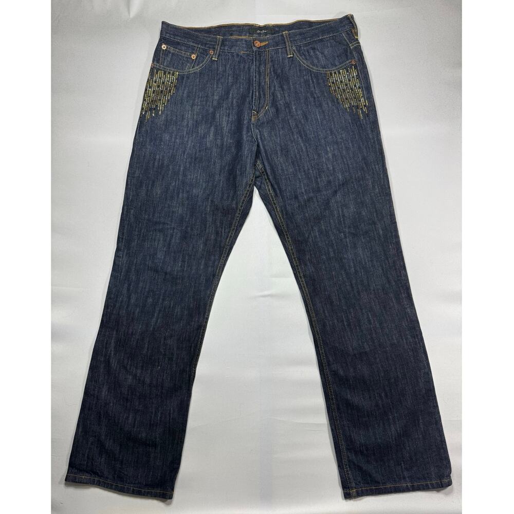 Sean John Men's Rhinestone Baggy Straight Leg Blue Denim Jeans - Size 36 (39x34)